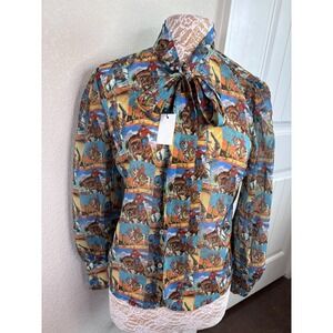 Howdy Hanny Popart Cowboy Bow tie Women's Chiffon Button Up Top Western  M NWT